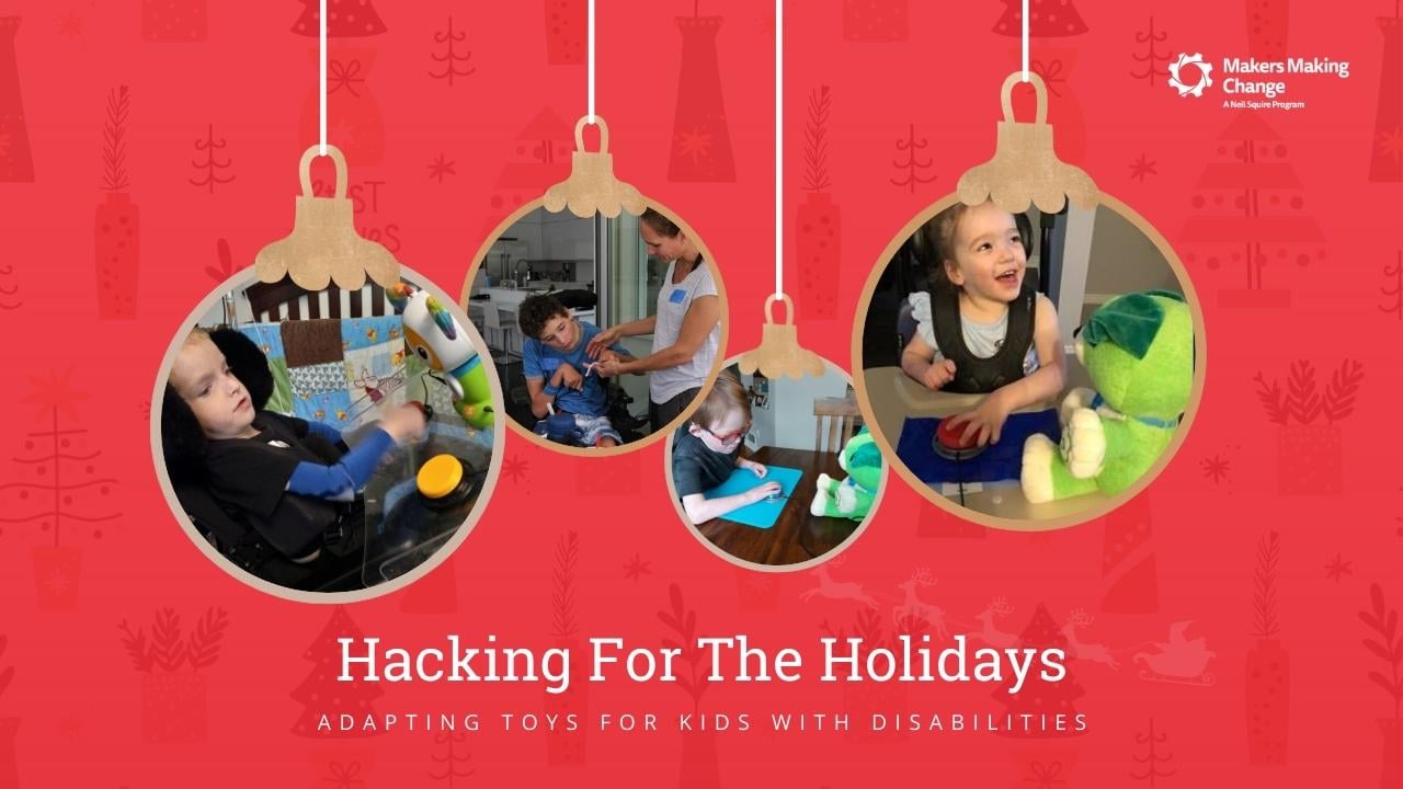 A graphic featuring ornaments that contain images of children using assistive tech.