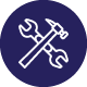 A white wrench and hammer icon in a purple circle