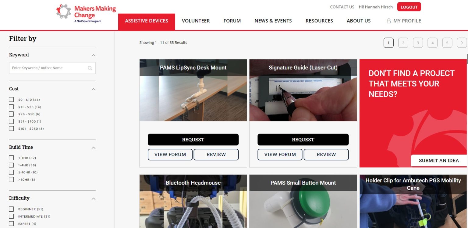 A screenshot of our Assistive Device library.