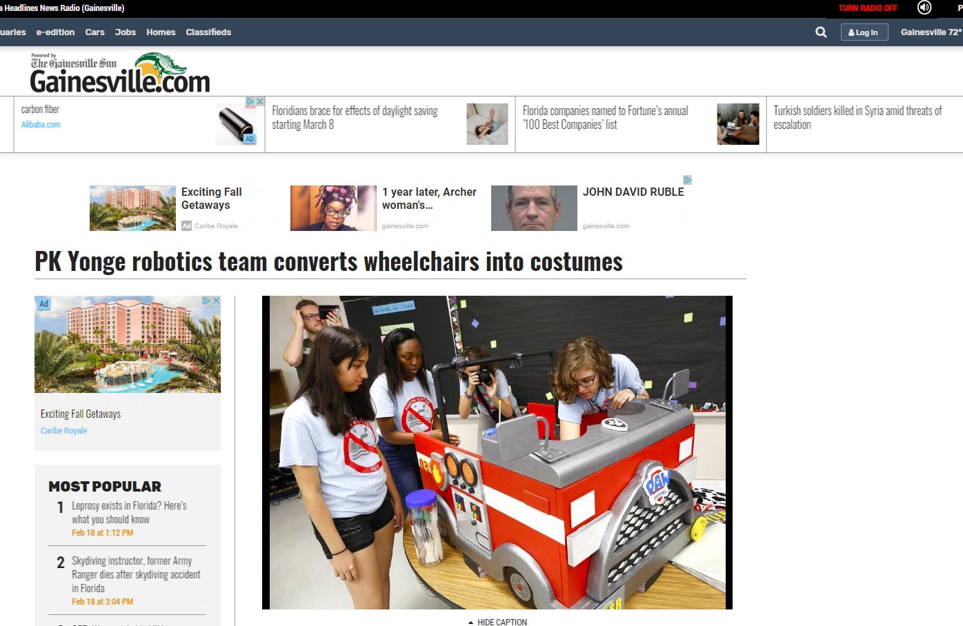 A screen capture of an article titled "PK Yonge robotics team converts wheelchairs into costumes."