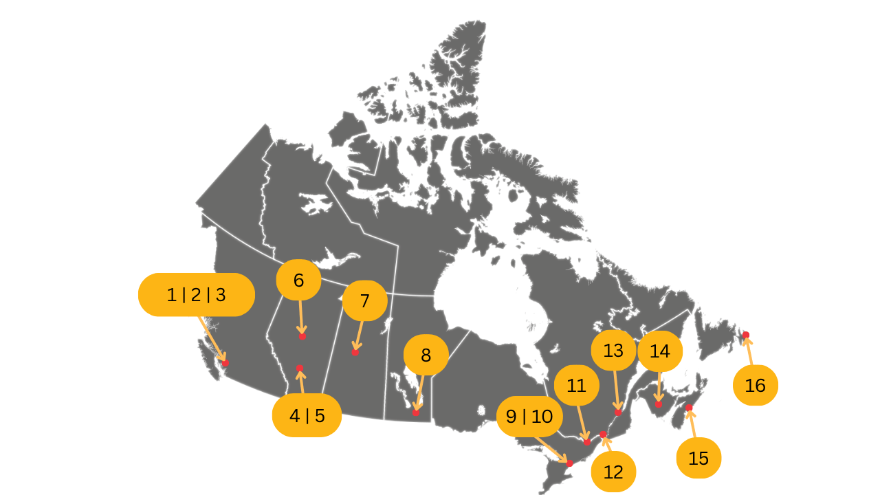 A simplified map of Canada with icons of flags located at the GAME Checkpoint areas. There are arrows pointing to it with a number in a bubble corresponding to the number it is listed on the site.