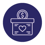 Purple icon of a coin on top of a box with a heart