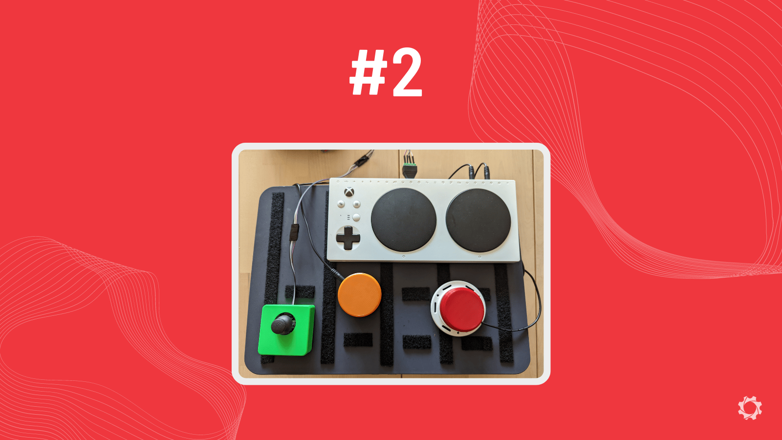 A red graphic with an image of adaptive gaming equipment in the middle.