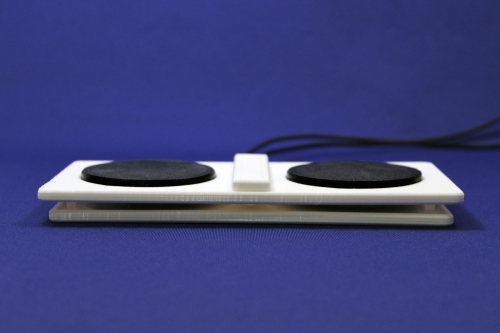 Picture of a 3D printed Open Rocker Switch with white top and black buttons.