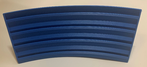The front side of a blue 3D printed playing cards holder with 4 rows to display cards.