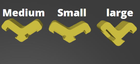 Computer rendering of a top view comparison showing the medium, small, and large nintendo joy-con adapters.