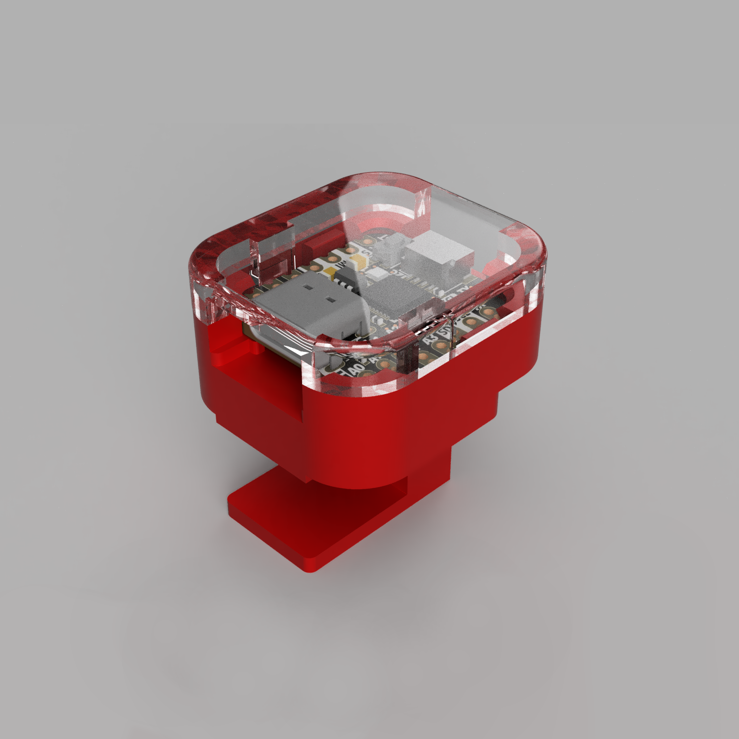 3D rendered image of a serial hand raiser with red rectangular base and a transparent cover.