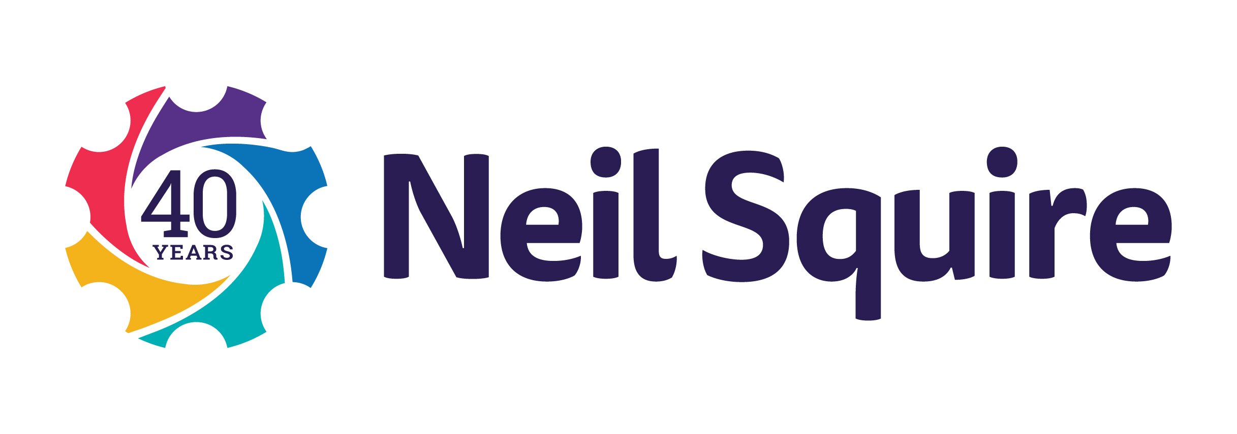 Neil Squire gear logo with purple, blue, teal, yellow, and red, with the text "40 years" inside.