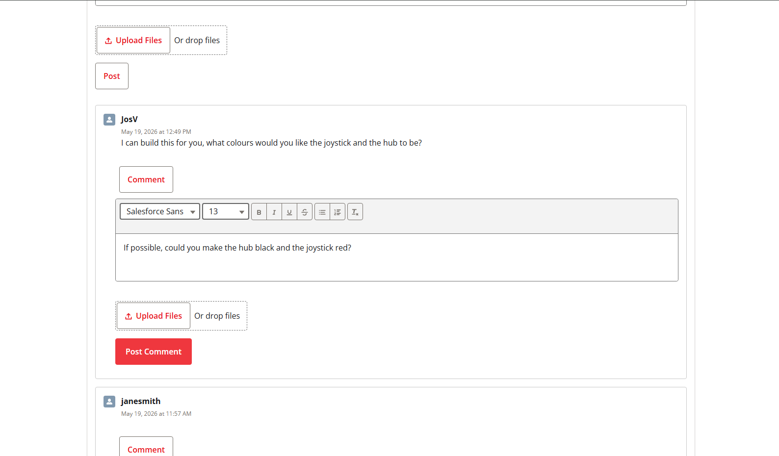 Screenshot showing the chat field on a request for a LipSync, from the requesters perspective. The maker asked what colours to build it in and the requester has typed a reply reading "If possible, could you make the hub black and the joystick red?"