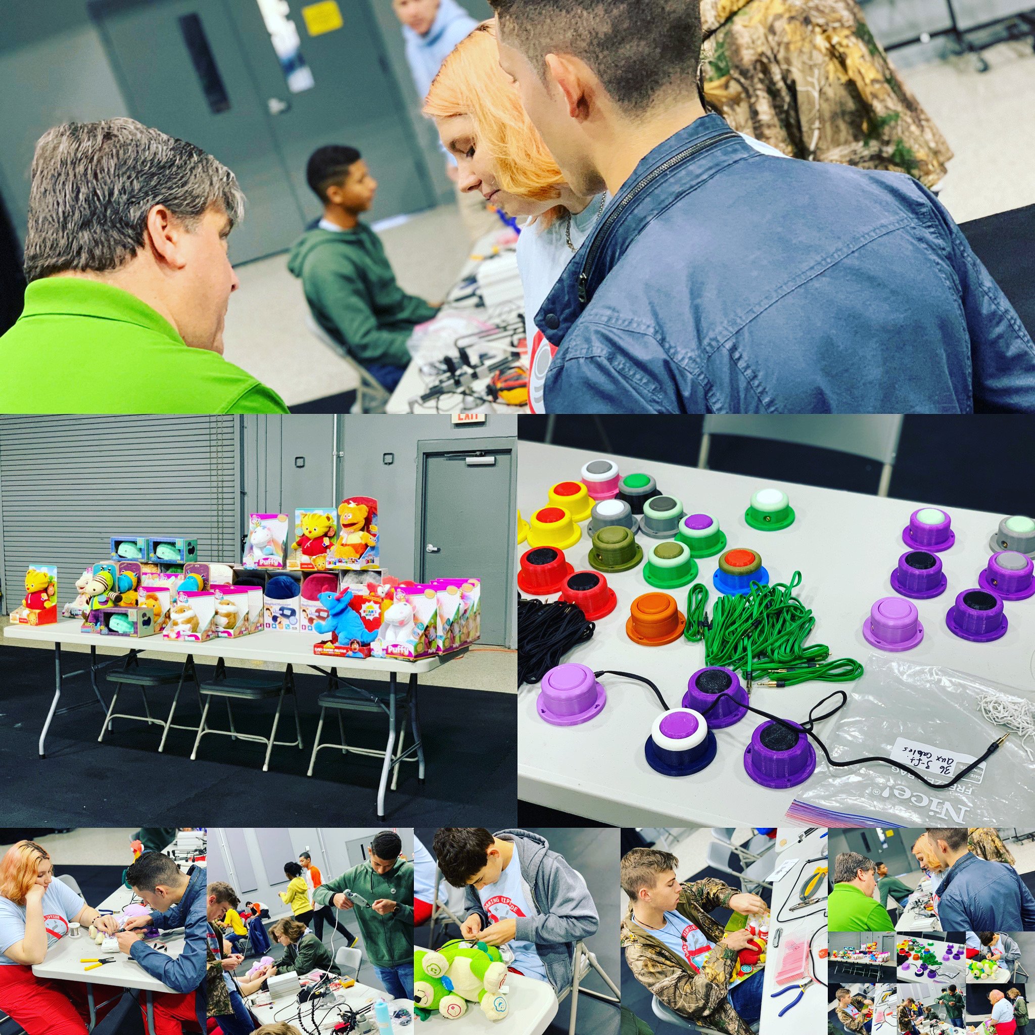 A collage of photos at a build event featuring participants, adapted toys, and assistive switches.