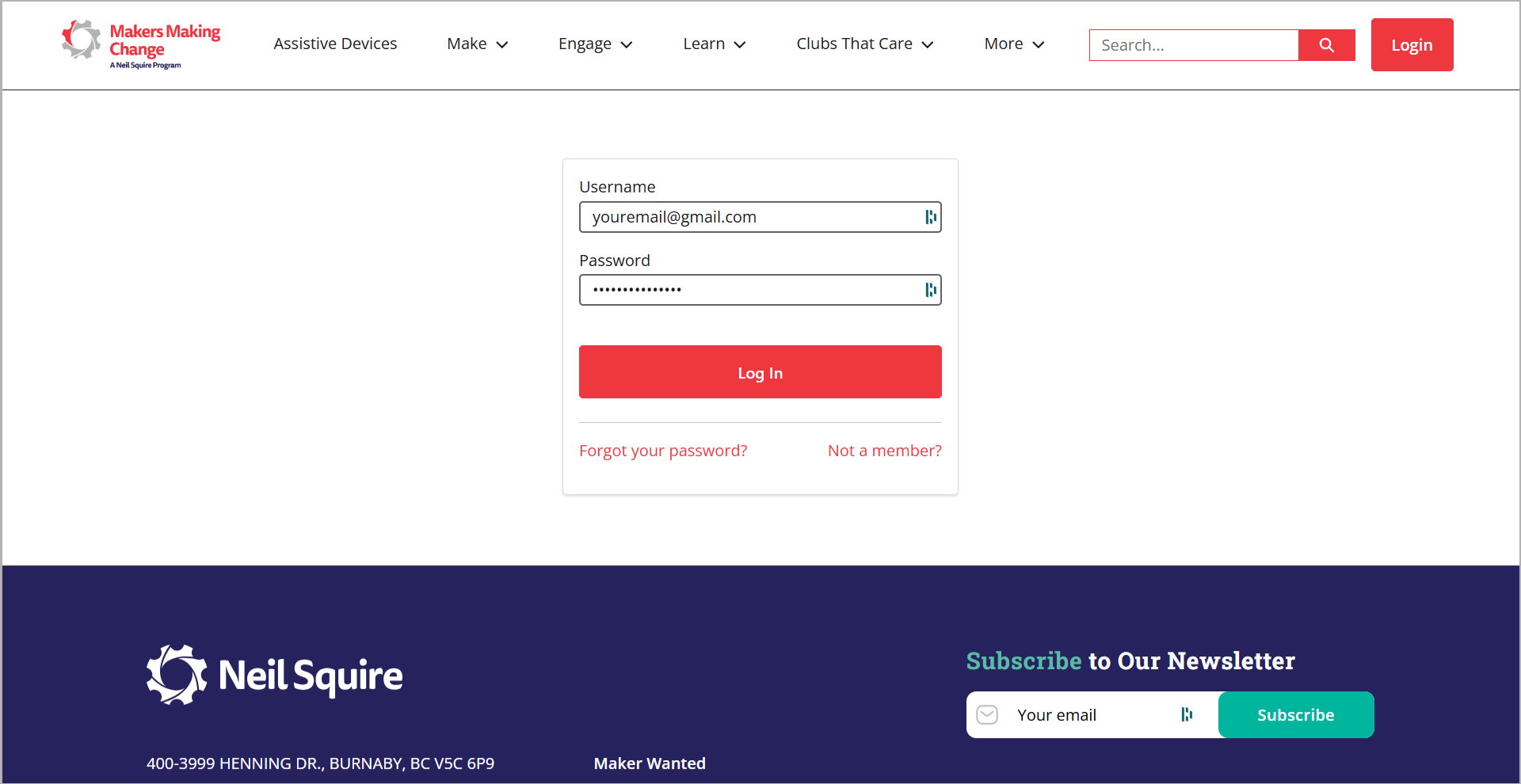 Screenshot of the Makers Making Change log in screen