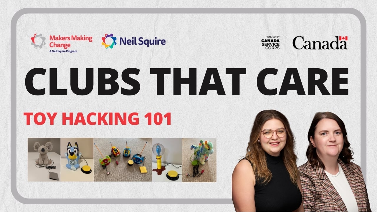 Graphic with the text "Clubs That Care Toy Hacking 101" and image of two MMC staff