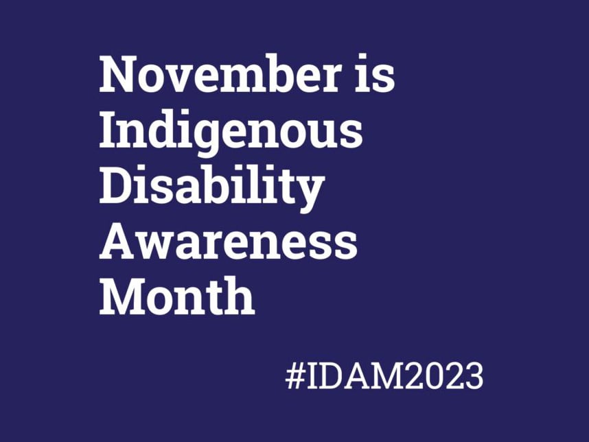 A graphic with the text "November is Indigenous Disability Awareness Month" in white