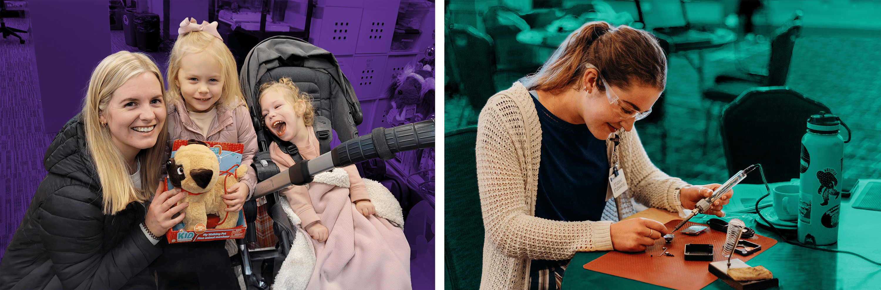 Two images side by side. On the left is a woman kneeling beside two young girls and holding a toy dog. On the right is a maker soldering.
