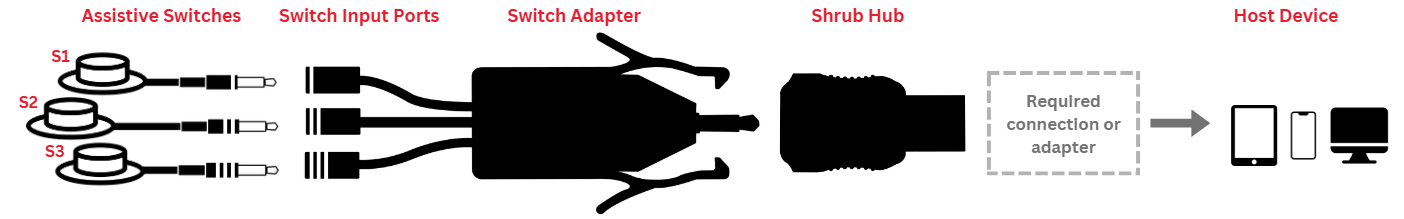 A connection diagram of the shrub hub with a switch adapter and three switches