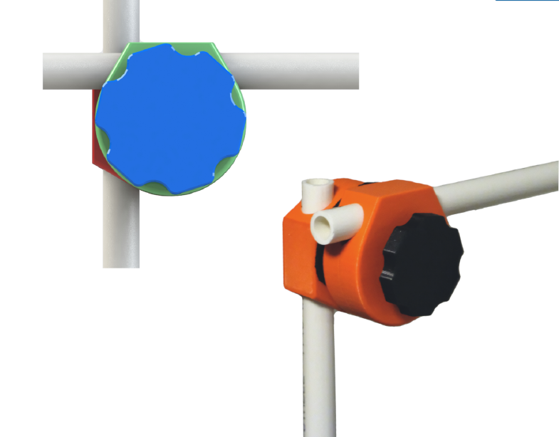 Isometric views of a rendering of the lockable joint and a real lockable joing with PVC.