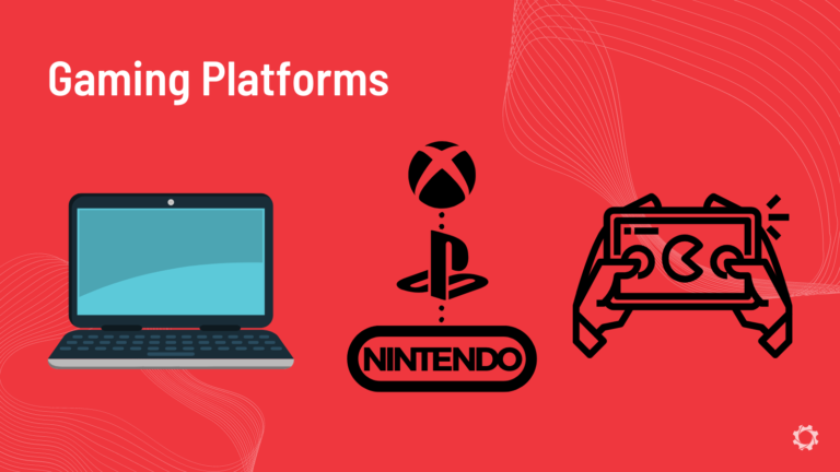 Gaming platforms graphic with a laptop and different gaming logos.