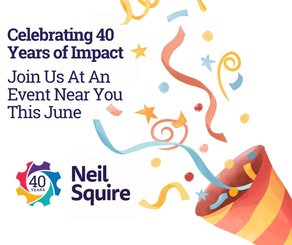 Party hat and confetti, with the Neil Squire 40th anniversary logo in the corner. Text: "Celebrating 40 years of impact, join us at an event near you this June."
