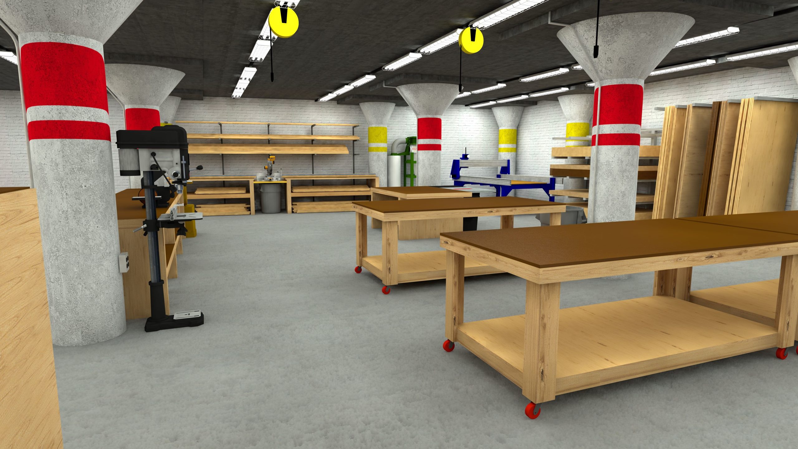 The inside of Valley Makers which features wooden tables and workstations.