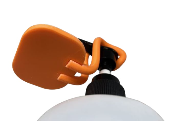 A bottom view of a computered rendered lever attached to a bottle dispenser.