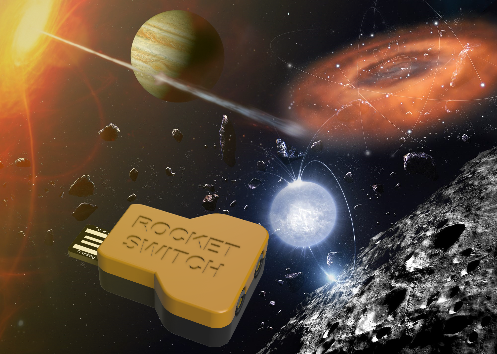 A rendering of the Rocket Switch Interface against a space scene background showing the sun in the upper left, the planet Jupiter, a developing galaxy in the upper right and a cratered moon in the lower left.
