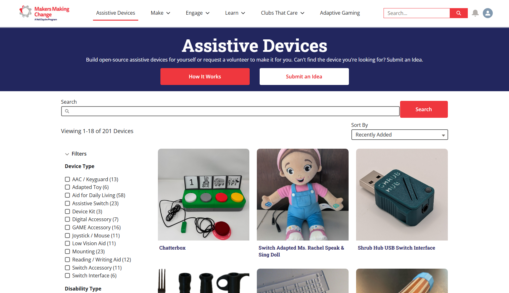 Screenshot showing the Assistive Device Library on the Makers Making Change website.