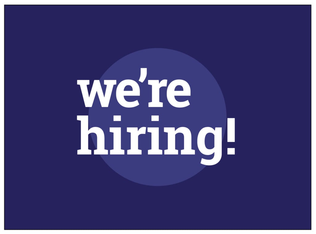 A blue graphic that states, "we're hiring!"