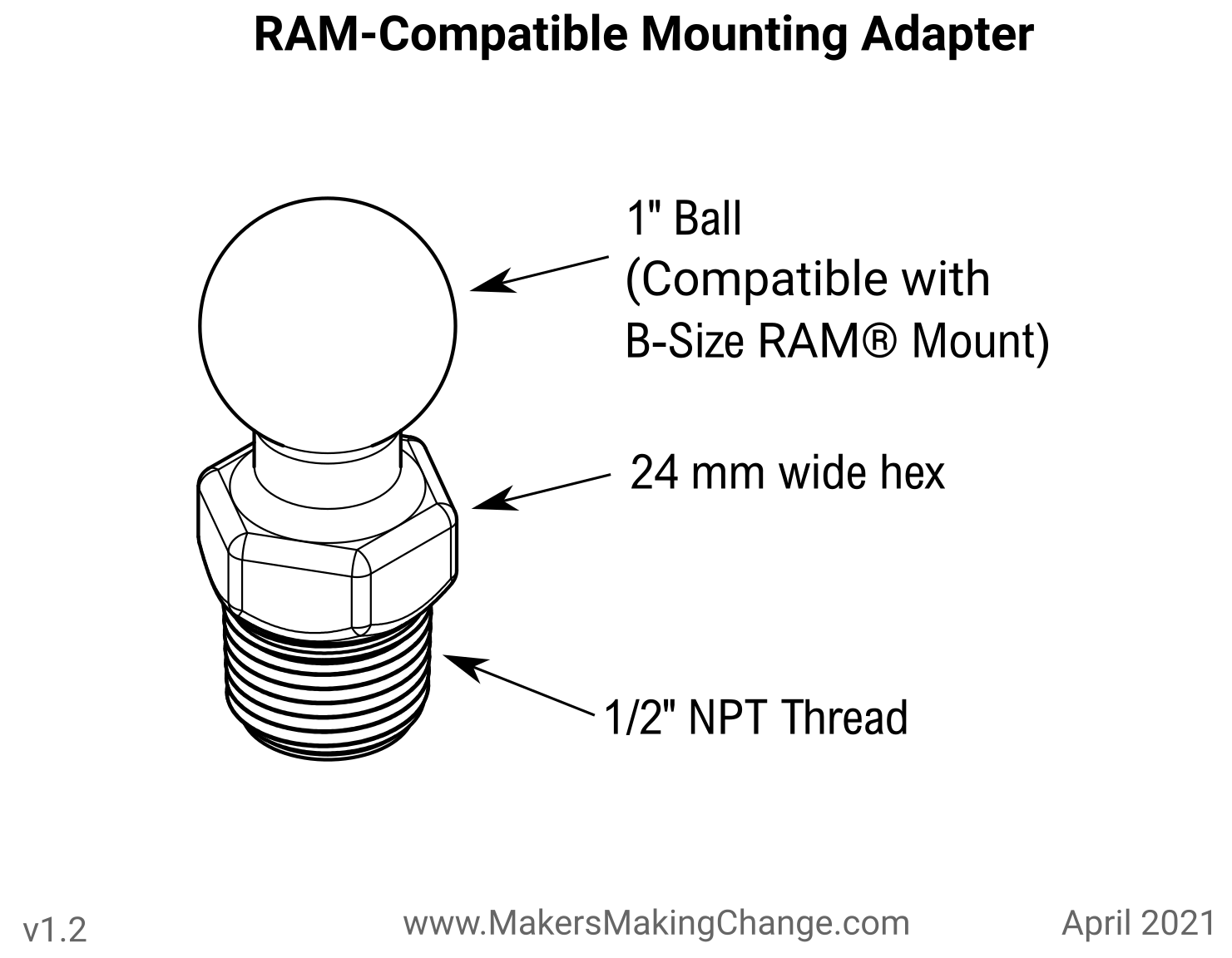 Diagram of a RAM-compatible mounting adapter. The mounting adapter has a 1 inch ball compatible with B-Sized RAM mounts and a 1/2 inch external NPT thread. Also has a 24 mm hex portion for installing.