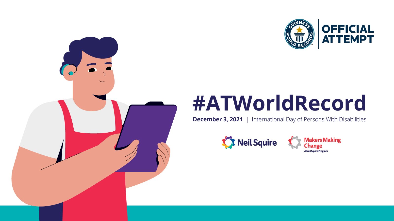 A graphic of a man holding a purple clipboard. To the right is the text #A-TWorldRecord and the Guinness World Record logo.