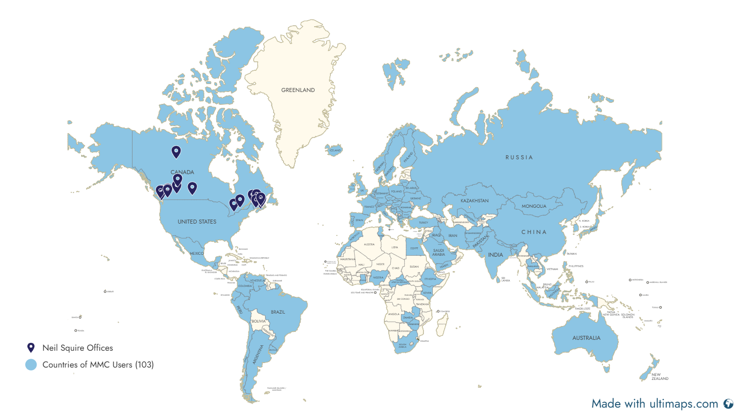 A world map with 103 countries denoting countries of MMC users in blue, and 19 dark blue pins denoting Neil Squire offices