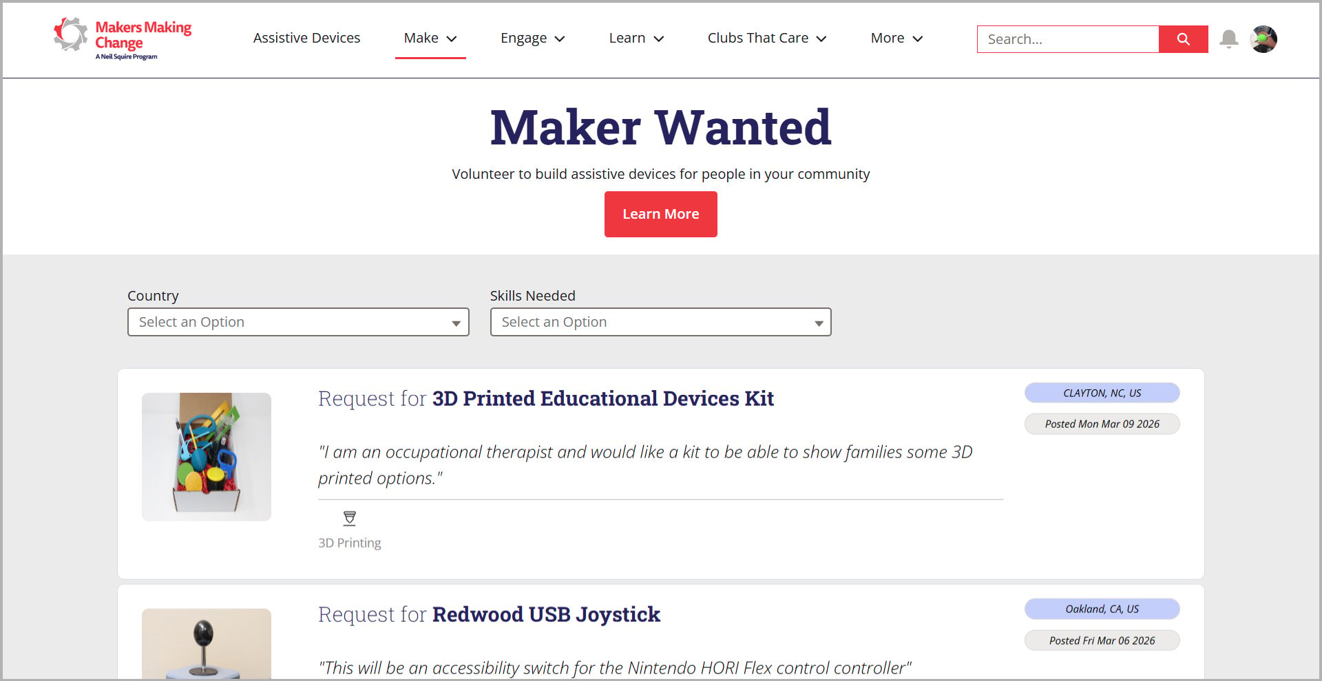 Screenshot of the Maker Wanted page with someone requesting a 3D printed devices kit