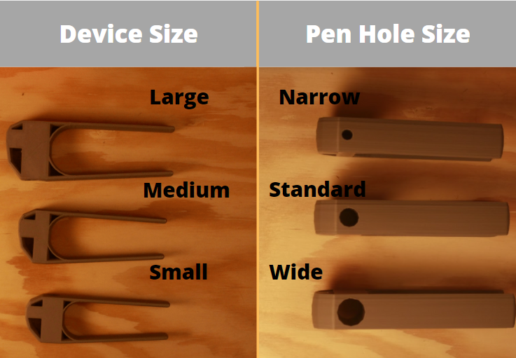 sizing of Palm Pen Holder device as well as the pen diameter
