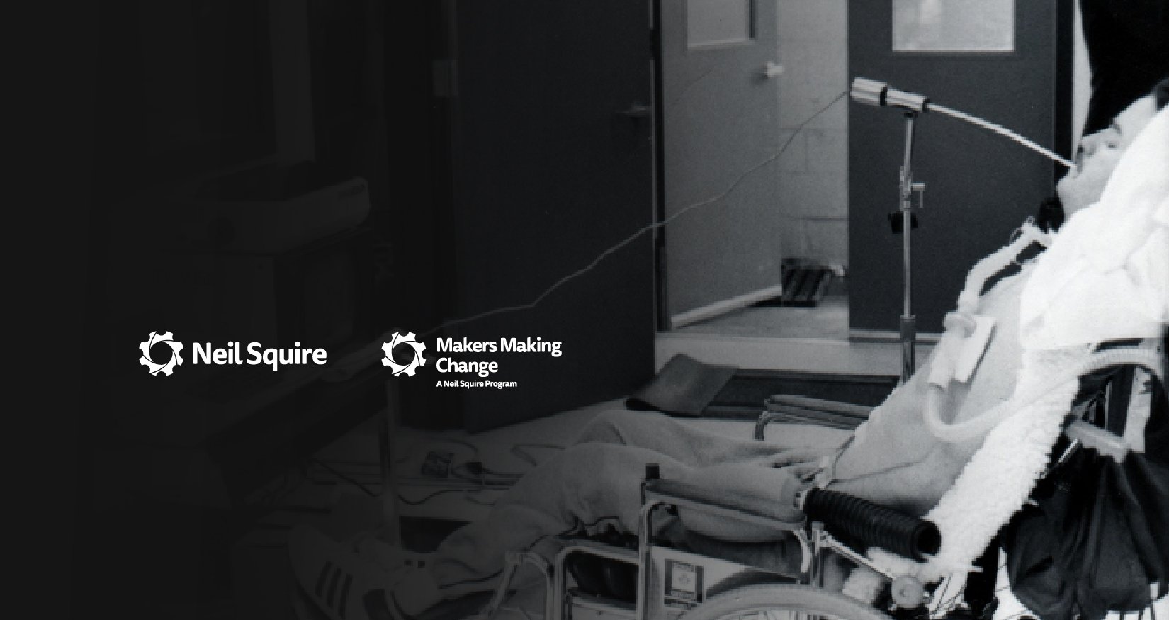 A black and white photo of Neil Squire in a wheelchair using a sip-and-puff device to type Morse Code. To the right are the Neil Squire and Makers Making Change logos.