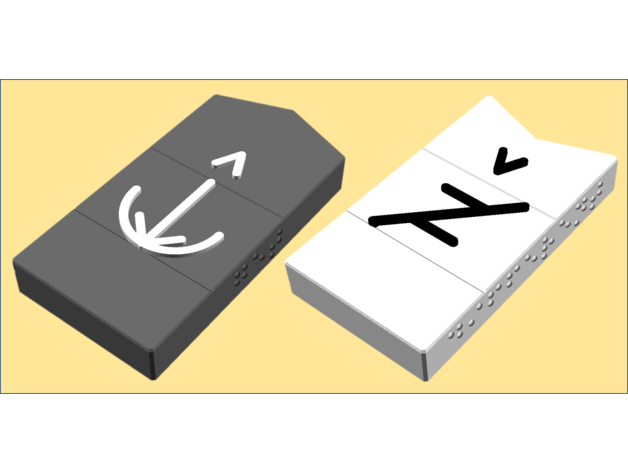 A computer rendering of a grey and white tactile bliss symbol with braille on the side.