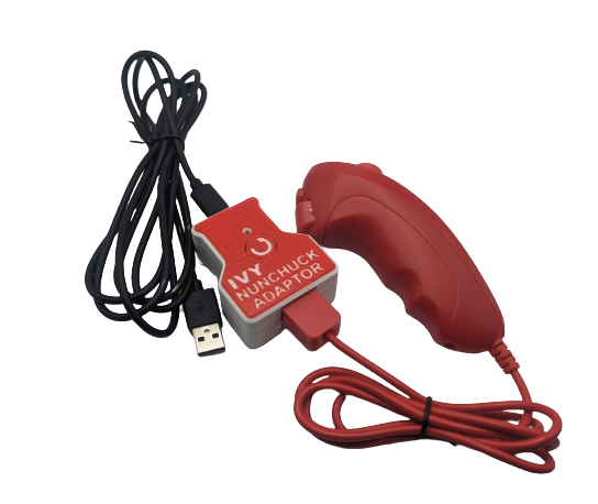 An Ivy Nunchuck Adaptor with a red Nunchuck controller.