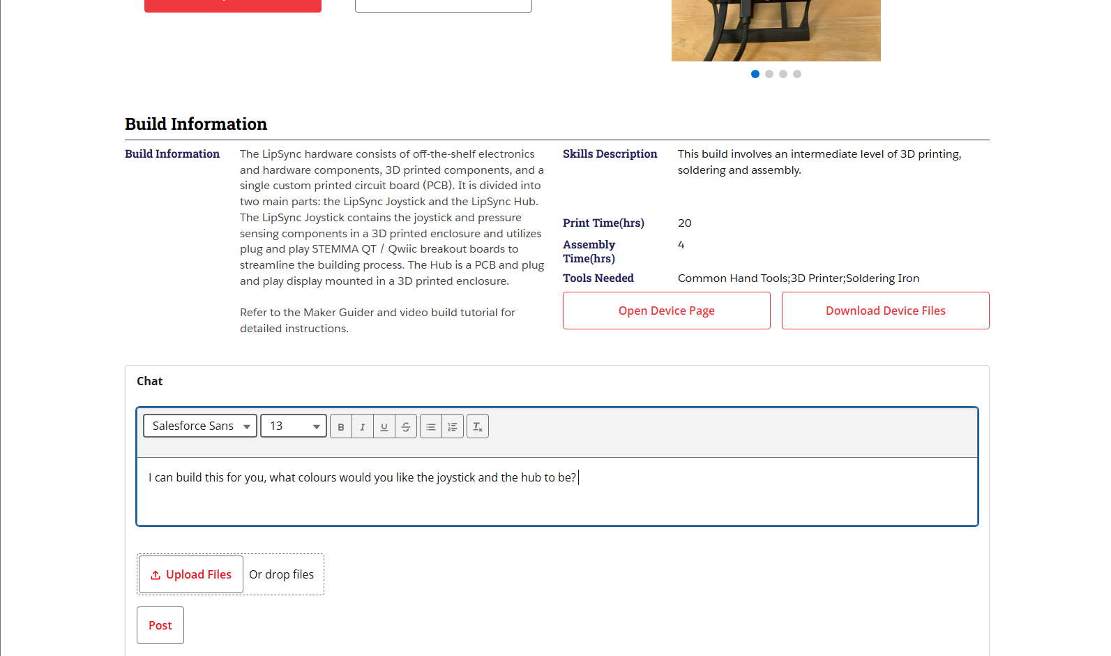 Screenshot of the maker's chat with the requester, on the request page for a LipSync.