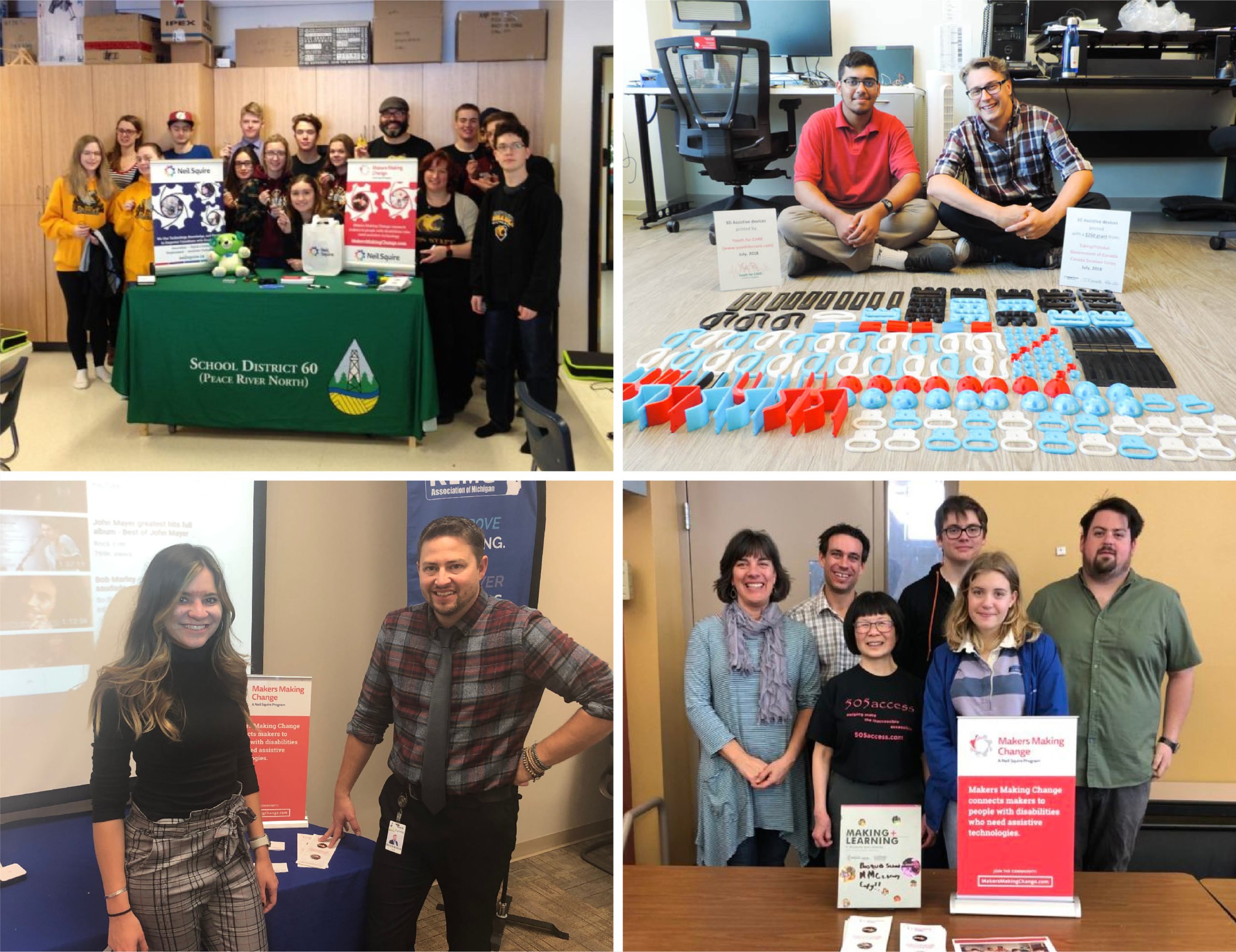 A collage of different Makers Making Change volunteers. Top left: a group of volunteers standing behind MMC and Neil Squire banners. Top right: Chad Leaman and a volunteer sitting among a pile of 3D printed parts. Bottom left: two volunteers smiling. Bottom right: an MMC chapter standing behind a Makers Making Change banner.