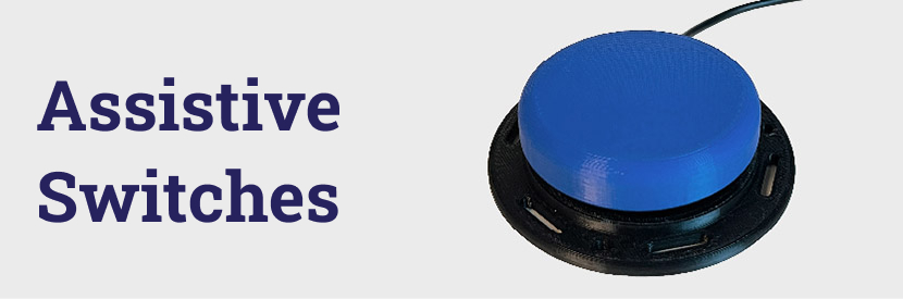 A blue and black 3D printed assistive switch.