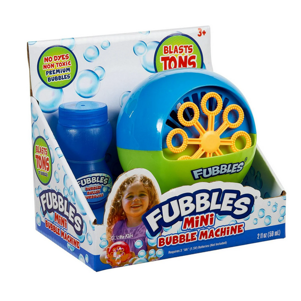 A blue and green spherical bubble machine inside a cardboard packaging.