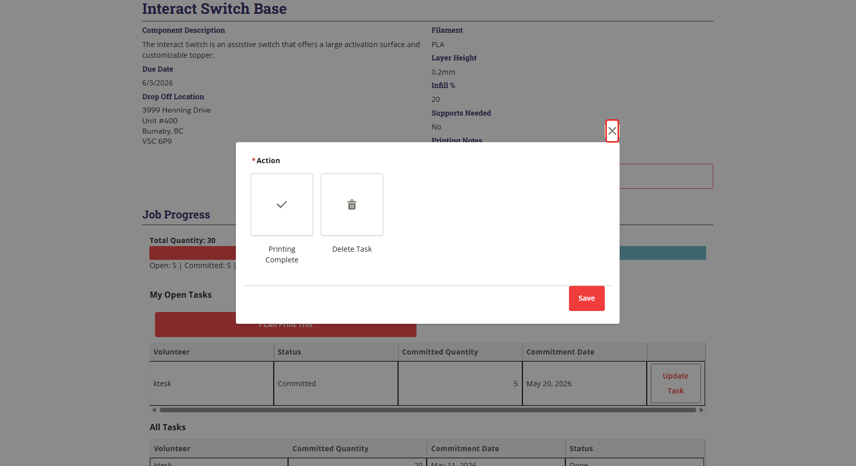 Screenshot of a pop up dialogue that shows the Printing Complete and Delete Task buttons