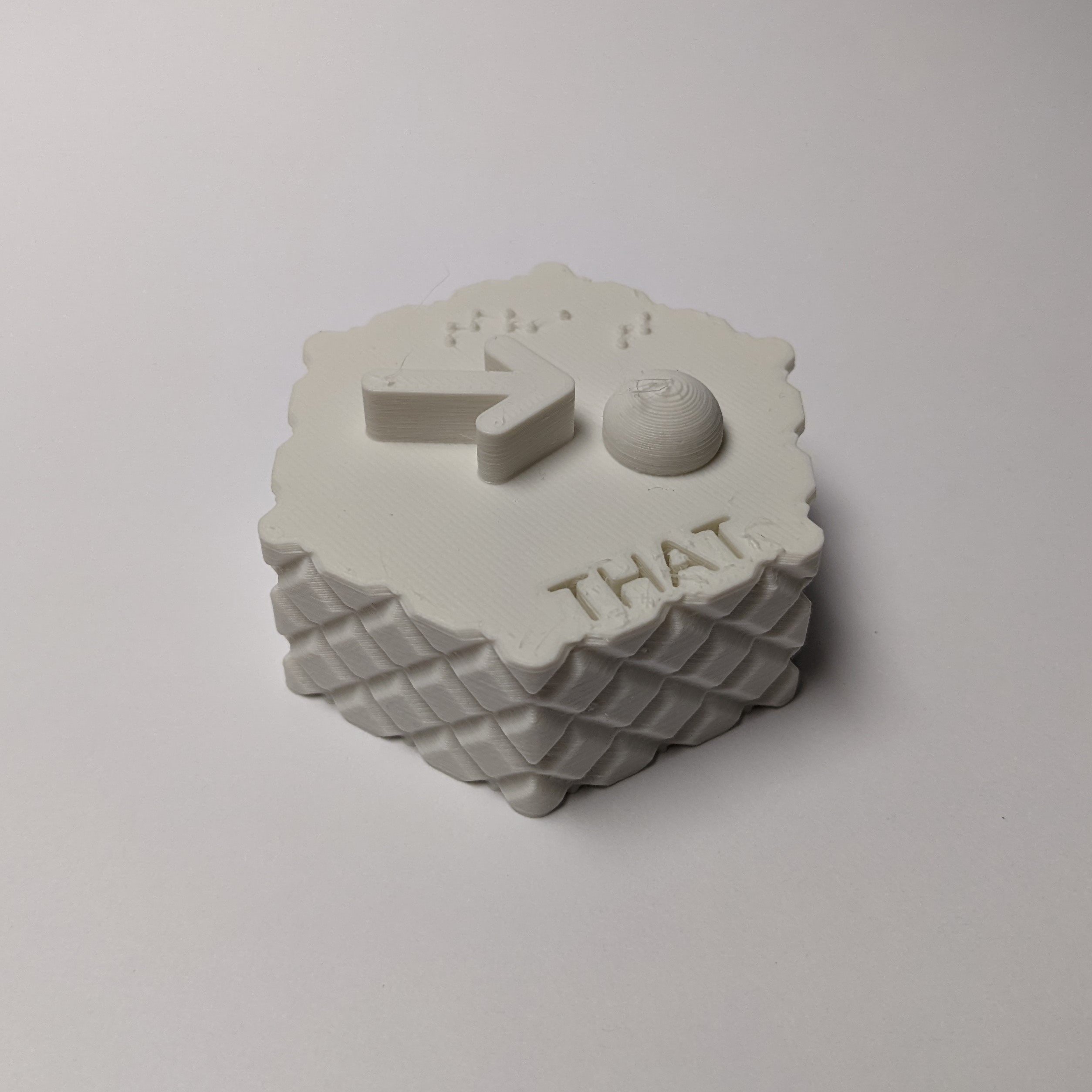 A white 3d printed project core symbol for 'That' symbol against a white background. The symbol consists of a white hexagonal shaped base with a engraved cross hatch texture on the side. On the top of the symbol, the word 'That' is engraved, 'That' is written in Braille, and there is a raised symbol of an arrow pointing to a raised half-ball shape..