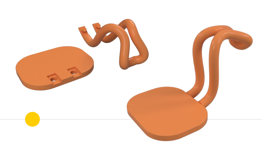 Three computer renders of the hand pump dispenser showing the base, handle, and assembled device.