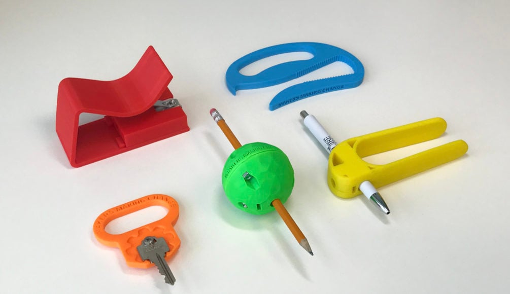 Assorted low tech devices including a blue Bottle Opener, an orange Key Turner, and more.