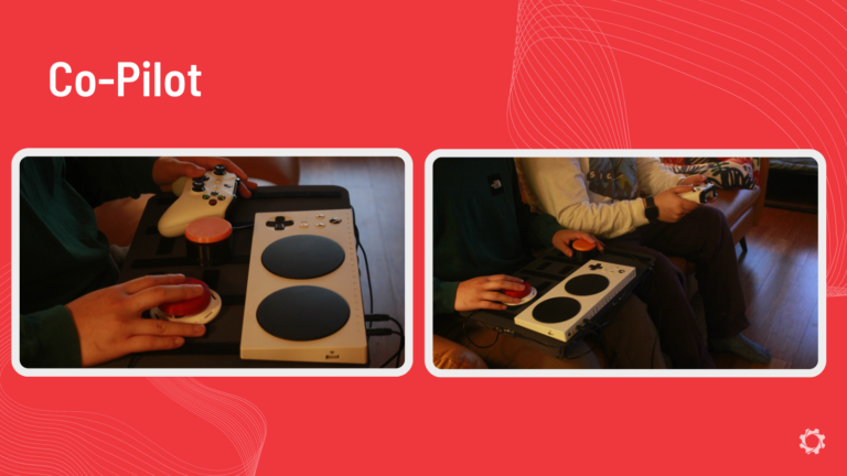 Graphic titled "Co-Pilot" with different images of an Xbox adaptive controller.