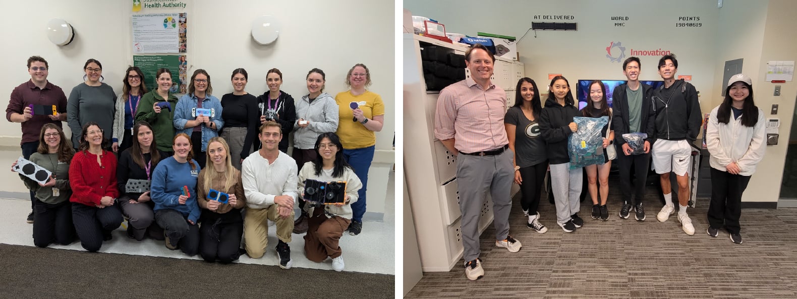 A collage of two photos. On the left is a group of clinicians with adapted gaming equipment. On the right is a group of young makers holding a bag of switches for Cerebral Palsy BC