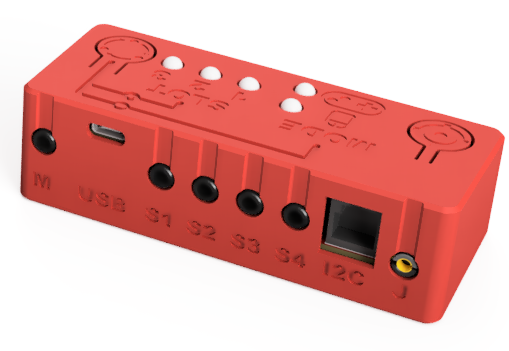Rear angled view of the Forest Hub showing the USB connection, and jacks for switches and analog joystick.