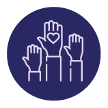 Purple icon of three raised hands