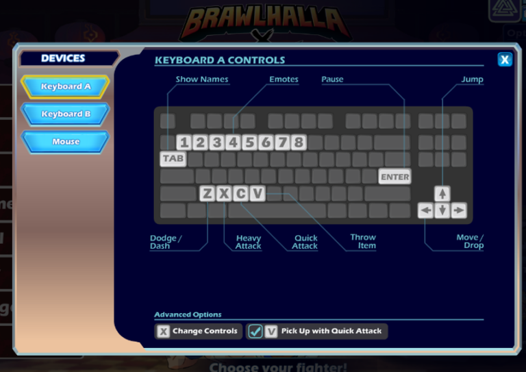Brawlhalla keyboard controls.