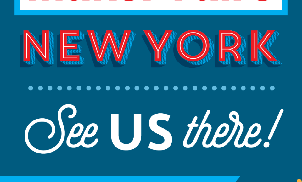 A blue banner with the text "New York, see us there!"