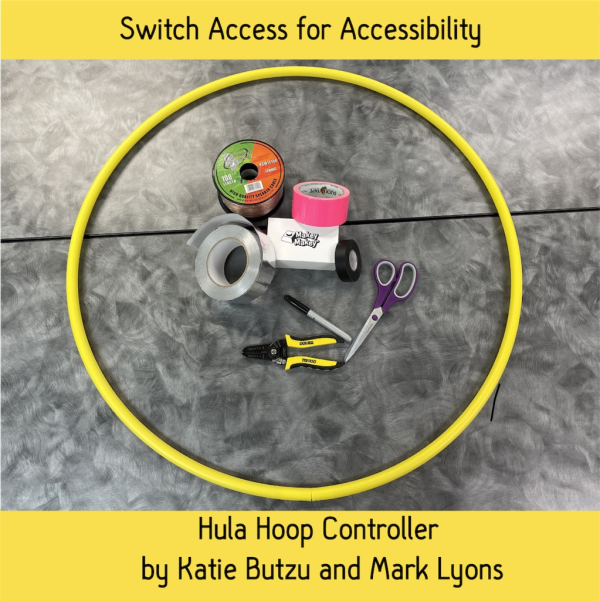 Title card with attribution showing hula hoop and building supplies for the controller